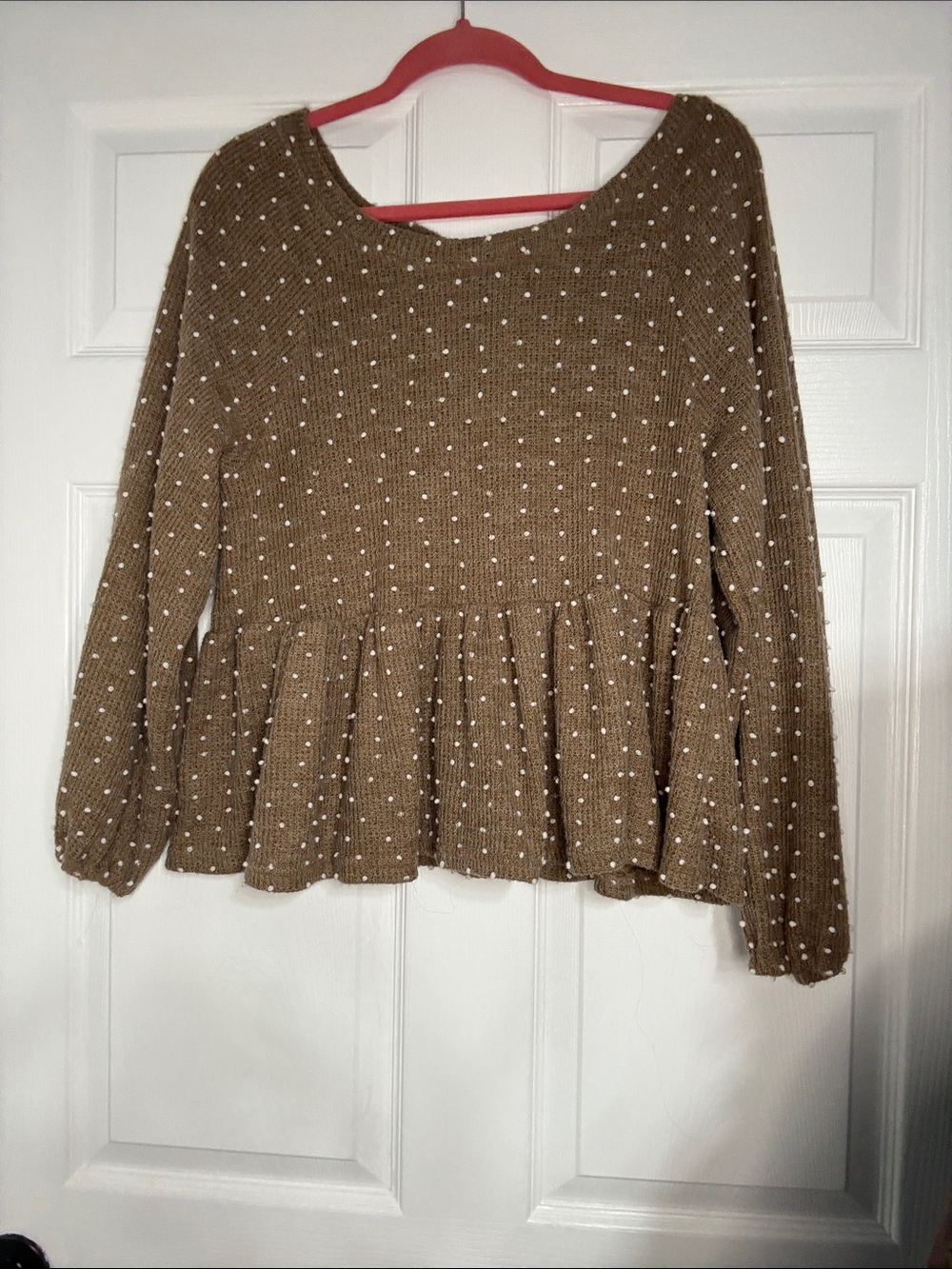 Blu Pepper Tan Peplum Sweater with White Dot Accents